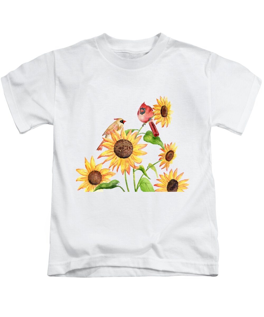 Cardinal And Sunflowers Kids T-Shirt featuring the painting Cardinal and Sunflowers by Melly Terpening