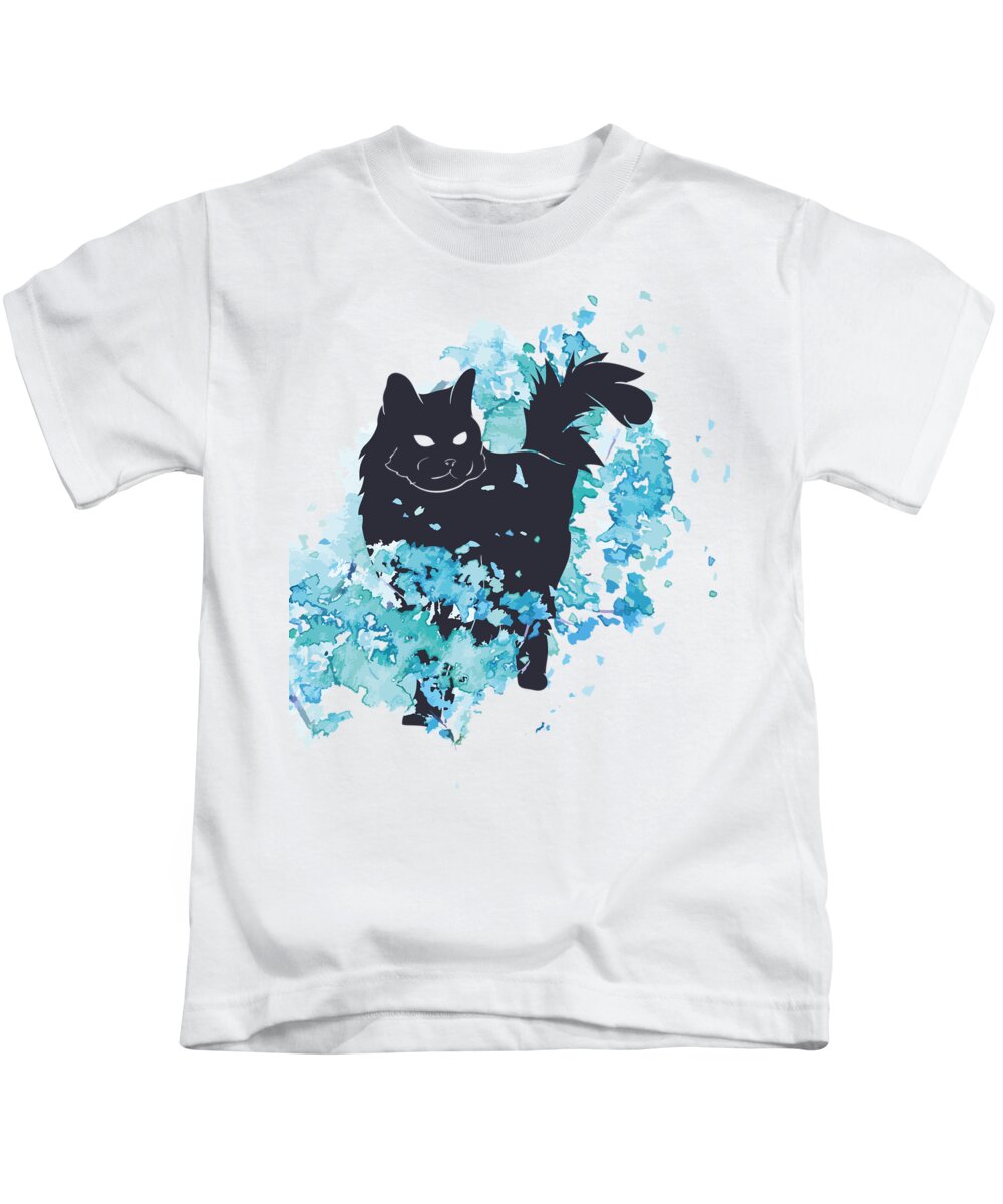 Cat Kids T-Shirt featuring the digital art Cat black and blue watercolor by Matthias Hauser