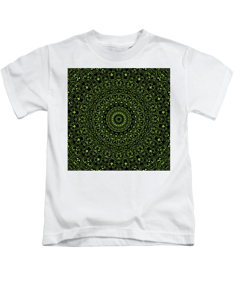 Chartreuse Kids T-Shirt featuring the digital art Chartreuse on Black Mandala Kaleidoscope Medallion Flower by Mercury McCutcheon
