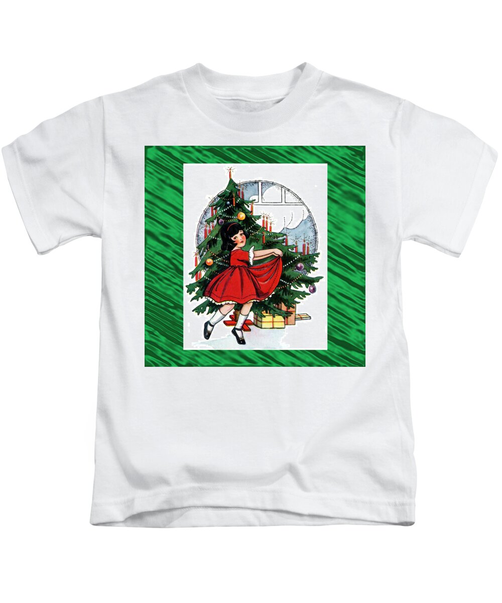 Christmas Kids T-Shirt featuring the digital art Christmas Girl Dancing Around Xmas Tree by Caterina Christakos