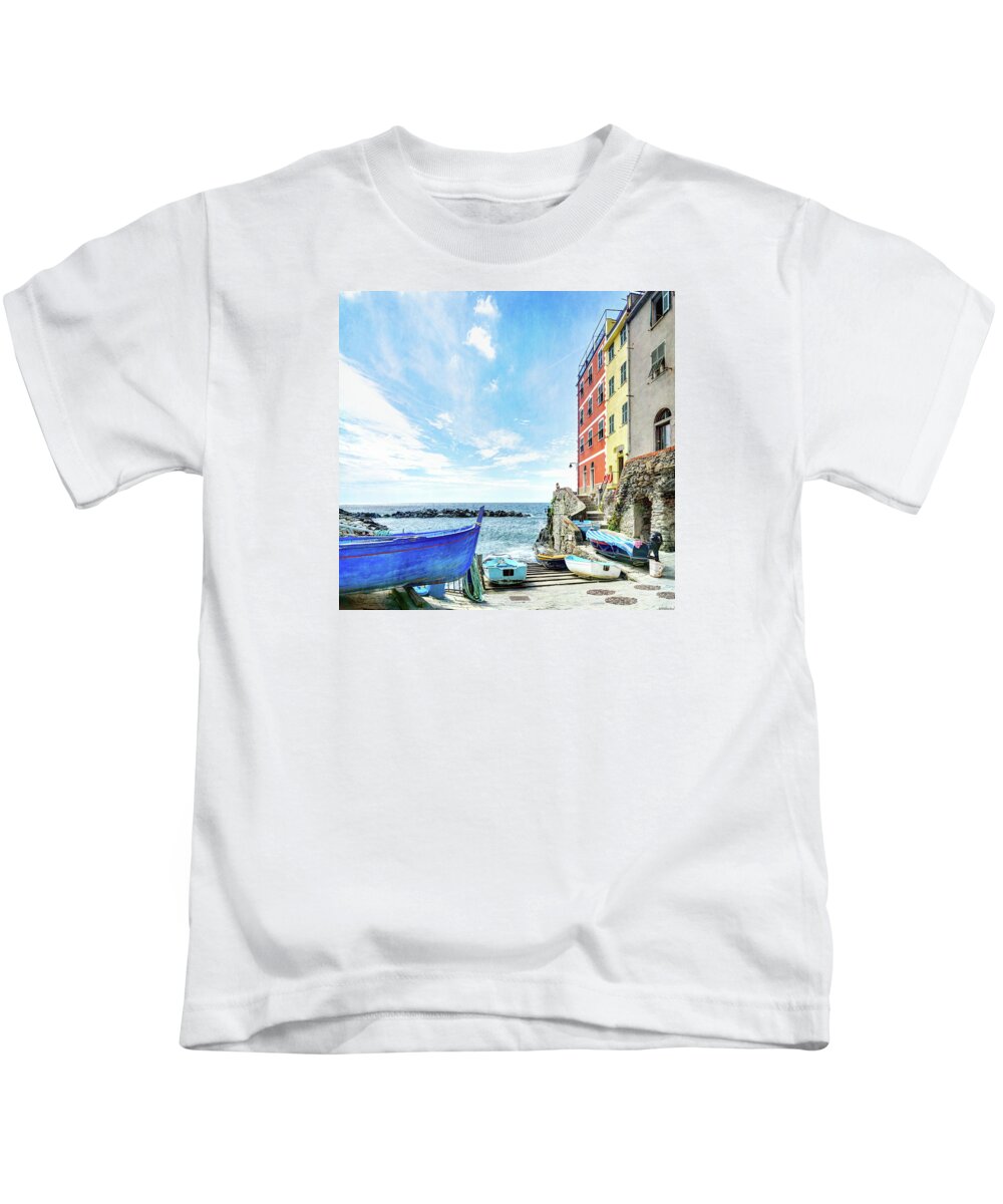 Riomaggiore Kids T-Shirt featuring the photograph Cinque Terre - little port of Riomaggiore - vintage version by Weston Westmoreland