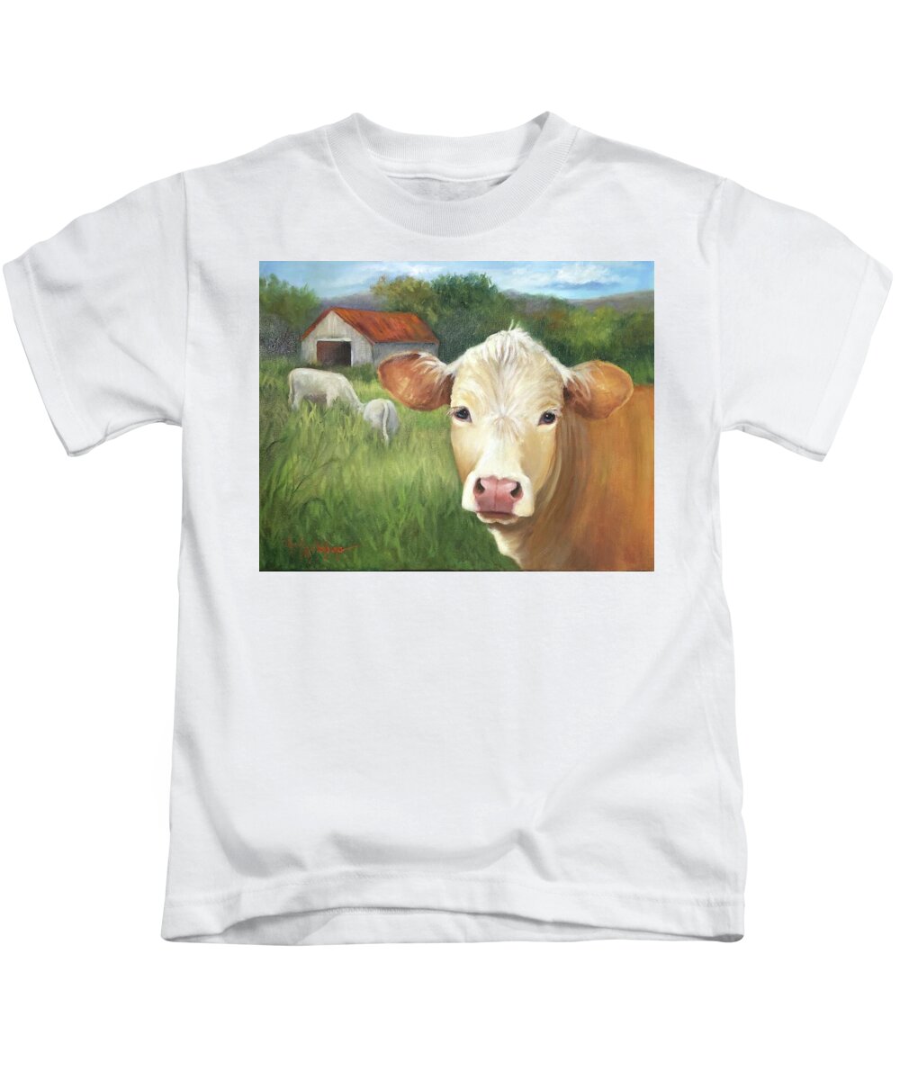 Cows Kids T-Shirt featuring the painting Cows Gazing and Grazing in Arkansas Paddock by Cheri Wollenberg by Cheri Wollenberg