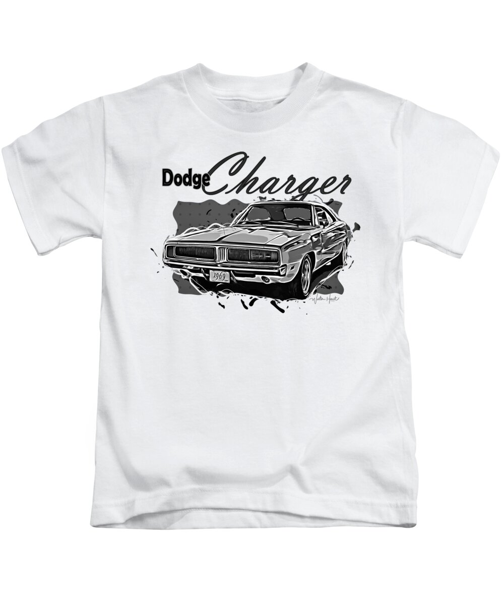 Dodge Kids T-Shirt featuring the mixed media Dodge Charger American Muscle Car BW by Walter Herrit