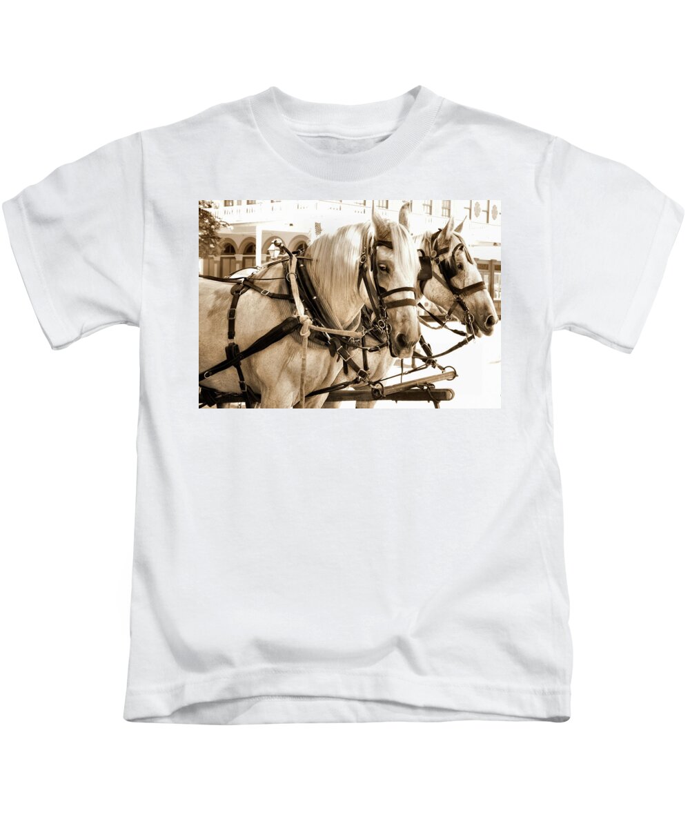 Horses Kids T-Shirt featuring the photograph Draft Horses Enjoy a Day in Old Sacramento by Sally Bauer