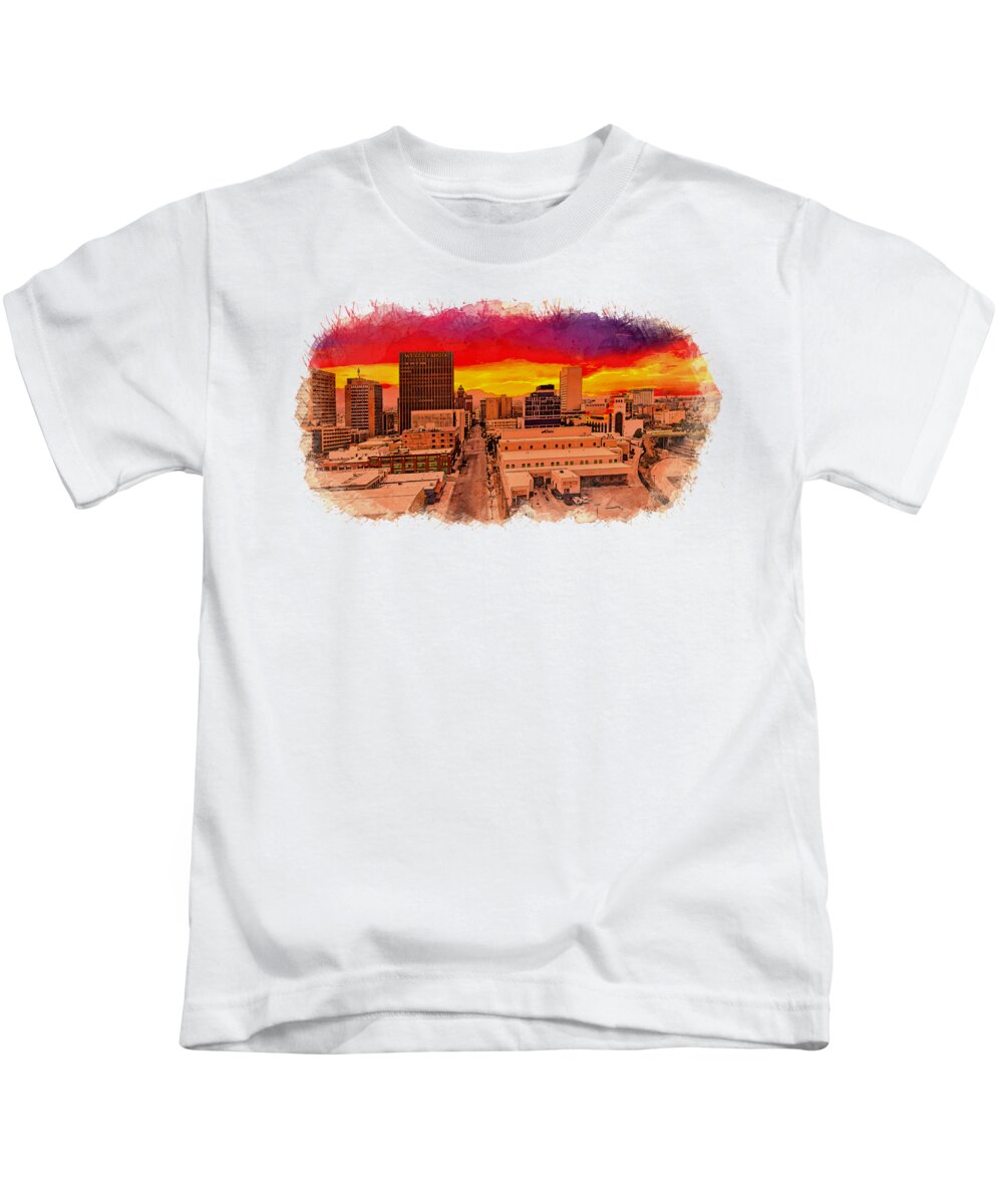 El Paso Kids T-Shirt featuring the digital art East Mills Avenue in downtown El Paso at sunset - watercolor painting by Nicko Prints