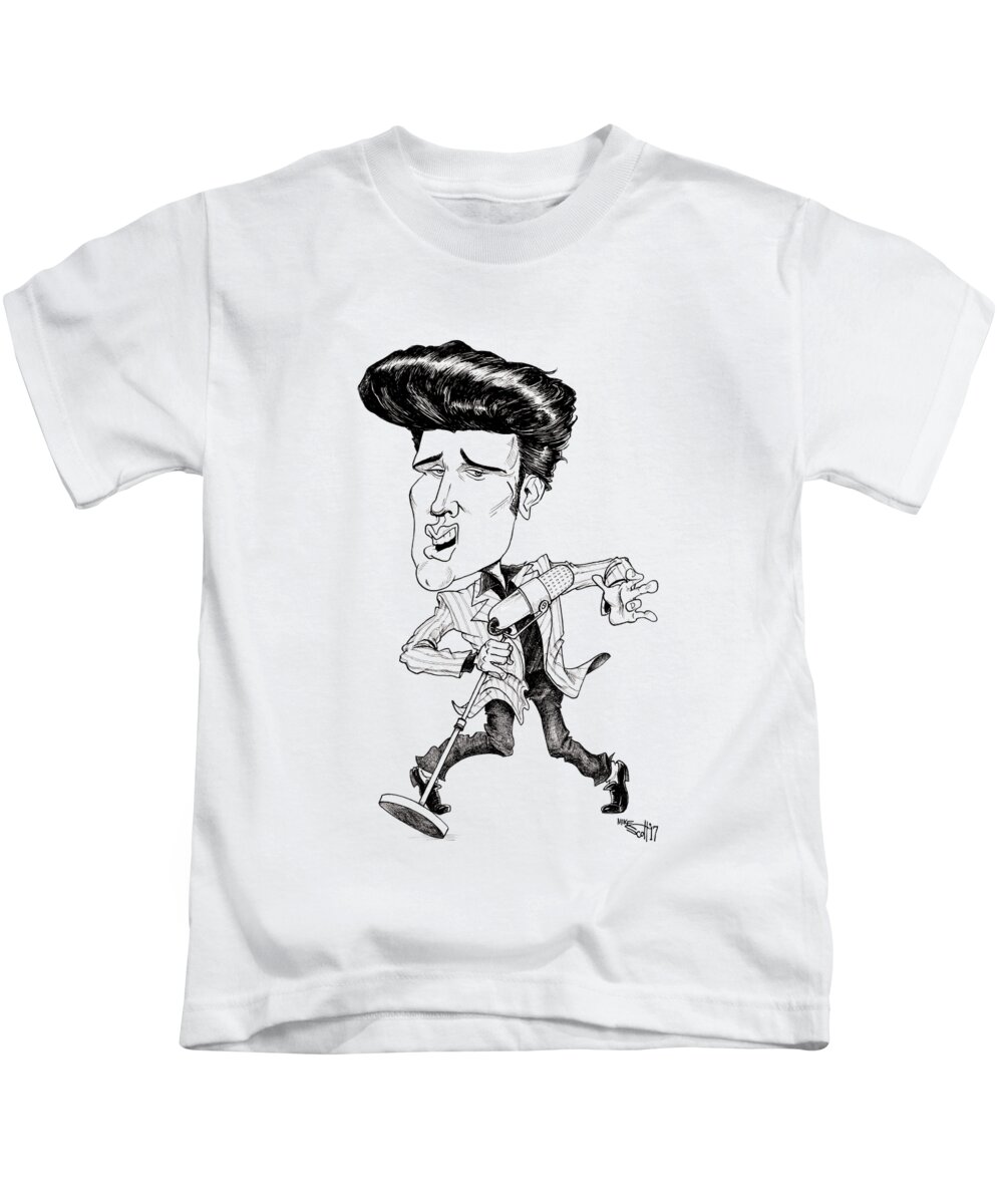 Caricature Kids T-Shirt featuring the drawing Elvis Presley by Mike Scott