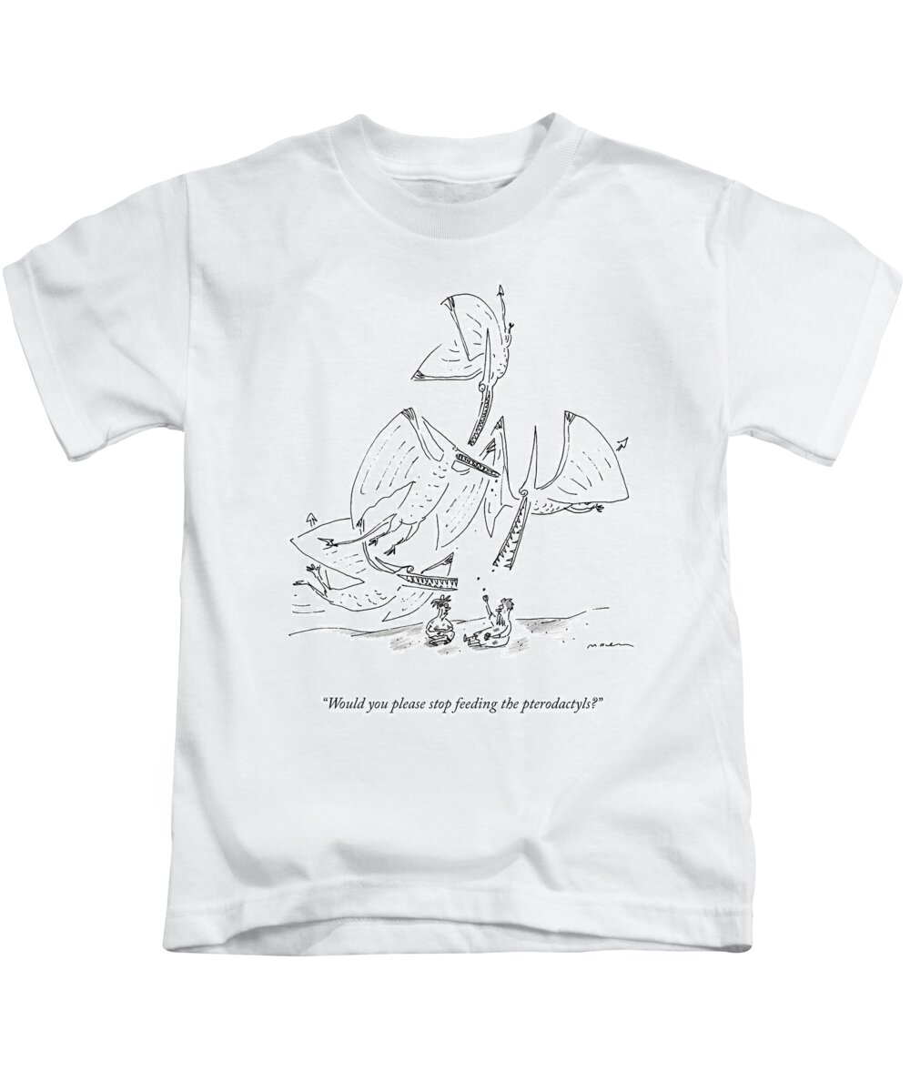 would You Please Stop Feeding The Pterodactyls? Caveman Kids T-Shirt featuring the drawing Feeding the Pterodactyls by Michael Maslin