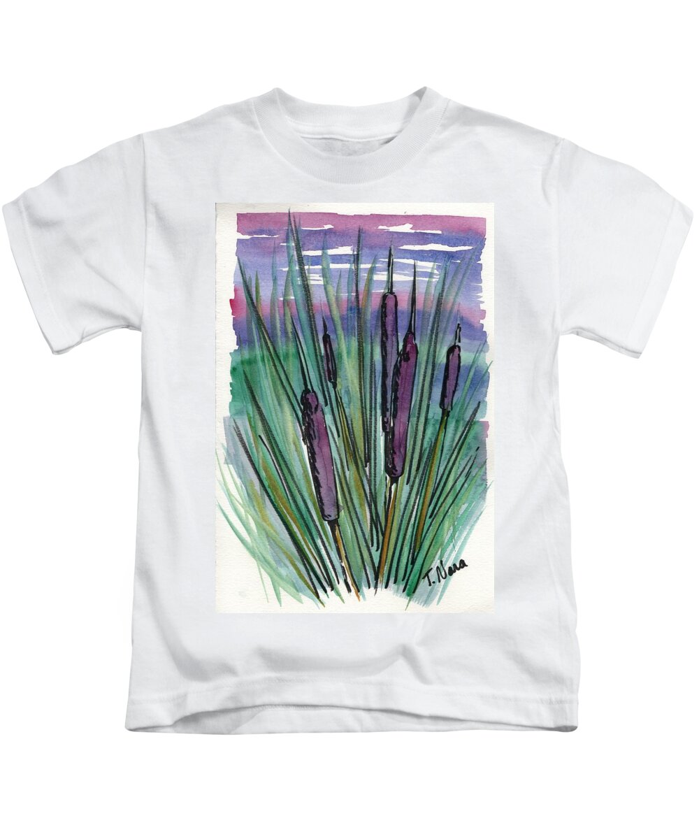 Purple Green Cattails Semi Abstract Ink Watercolor Kids T-Shirt featuring the painting First Cattails by Tammy Nara