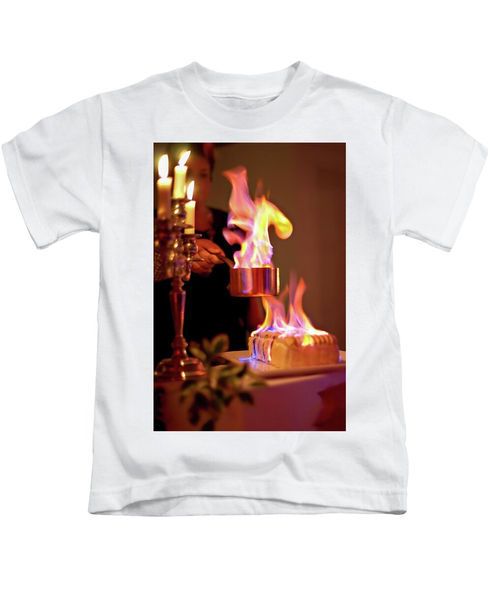 Alcohol Kids T-Shirt featuring the photograph Flambeed Norwegian omelet, Baked Alaska by Jean-Luc Farges