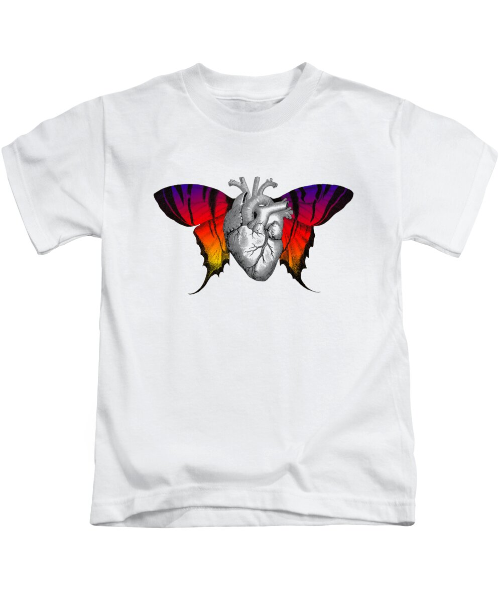 Heart Kids T-Shirt featuring the digital art Flying heart with butterfly wings by Madame Memento
