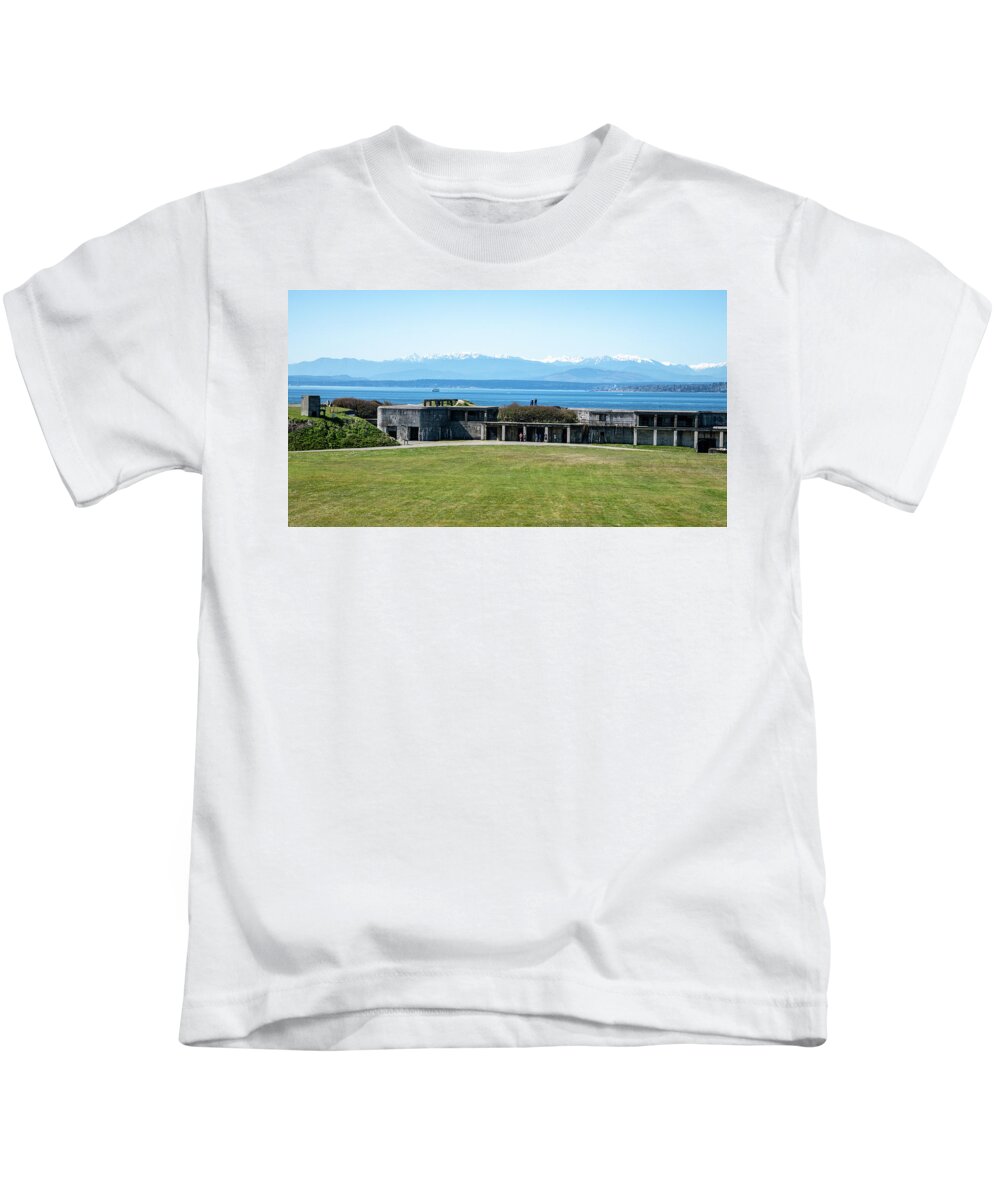 Fort Casey Puget Sound Olympic Mountains Kids T-Shirt featuring the photograph Fort Casey Puget Sound Olympic Mountains by Tom Cochran