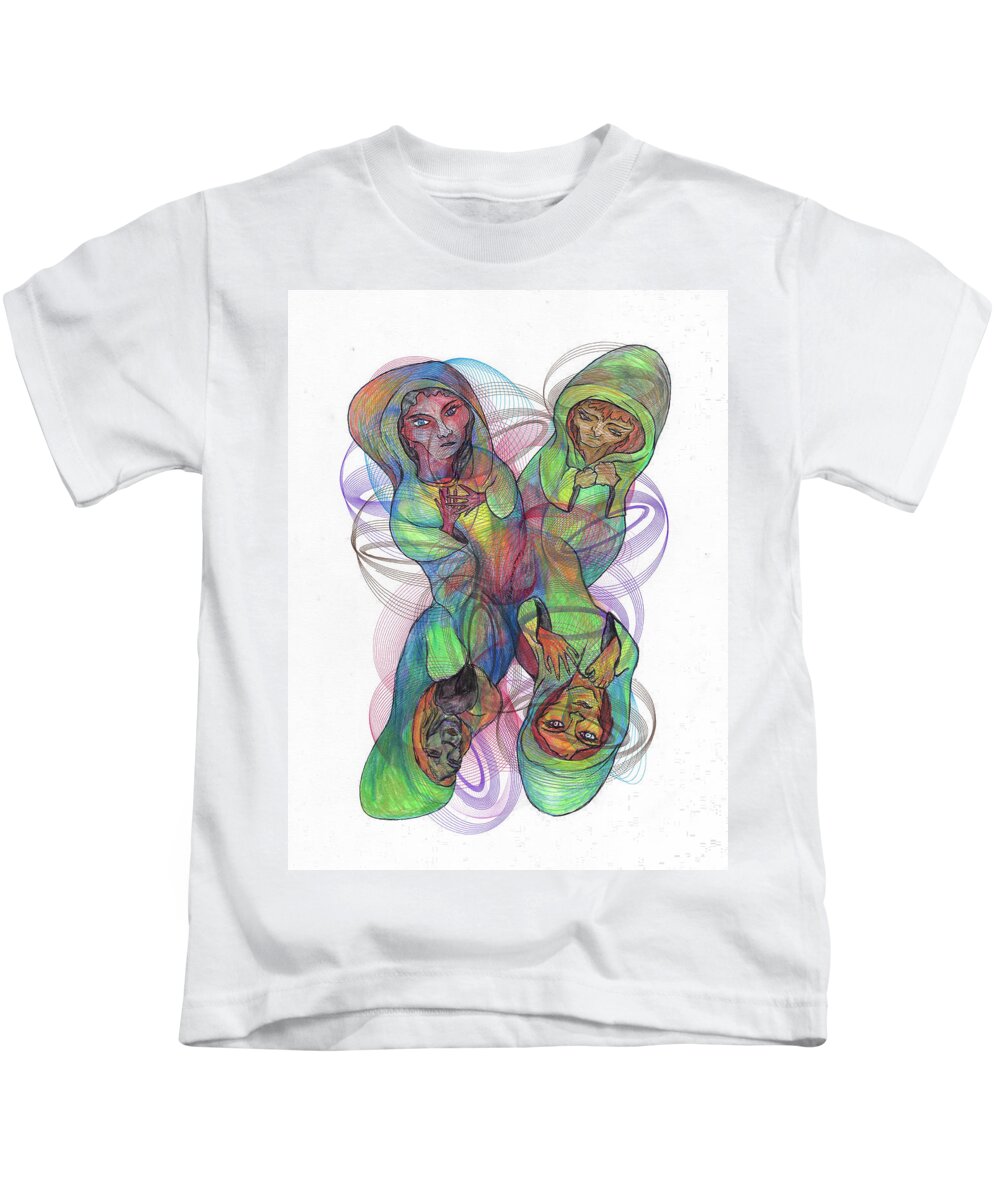 Ladies Kids T-Shirt featuring the mixed media Four Ladies by Teresamarie Yawn