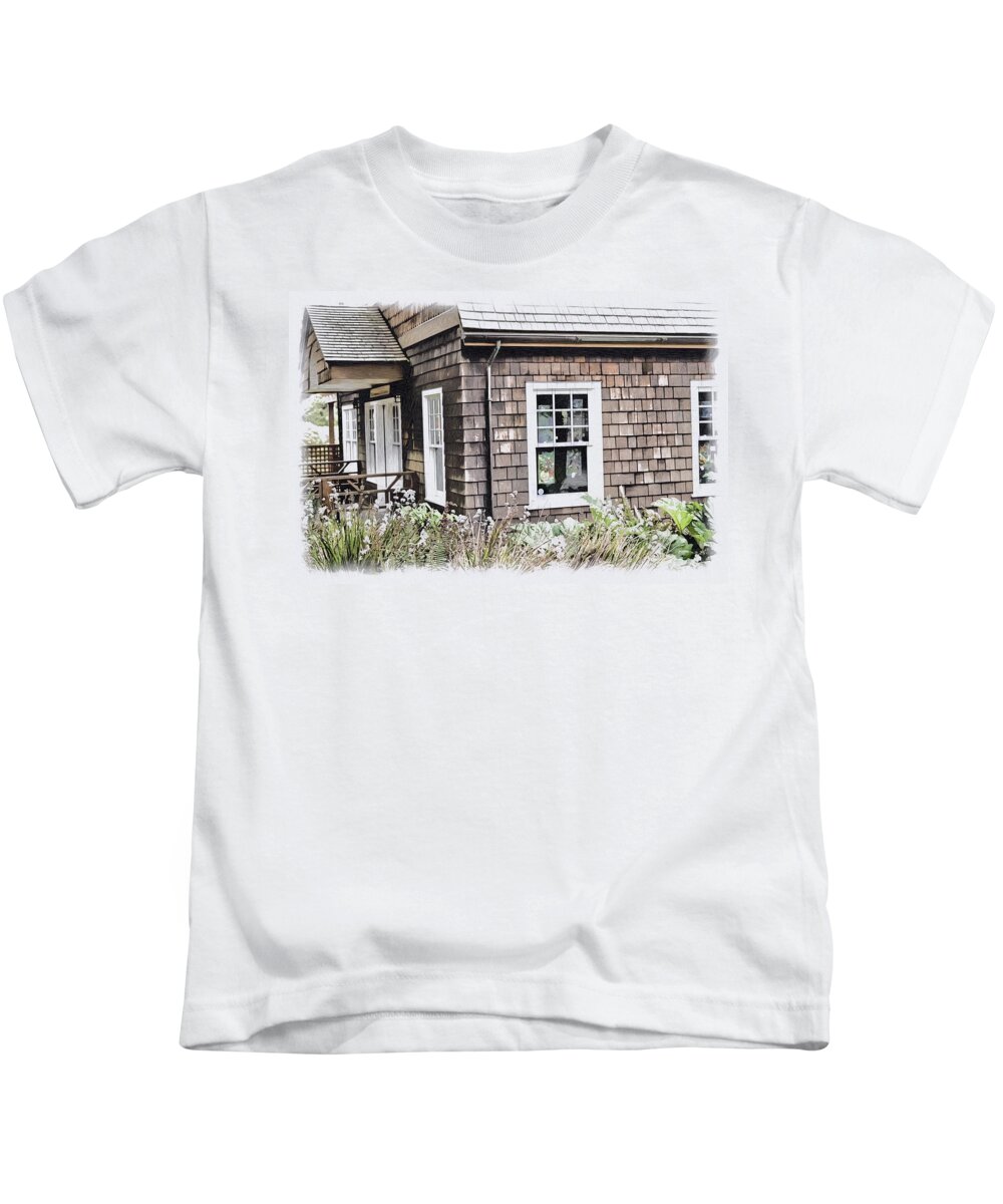 Shore Acres Kids T-Shirt featuring the mixed media Garden House by Bonnie Bruno