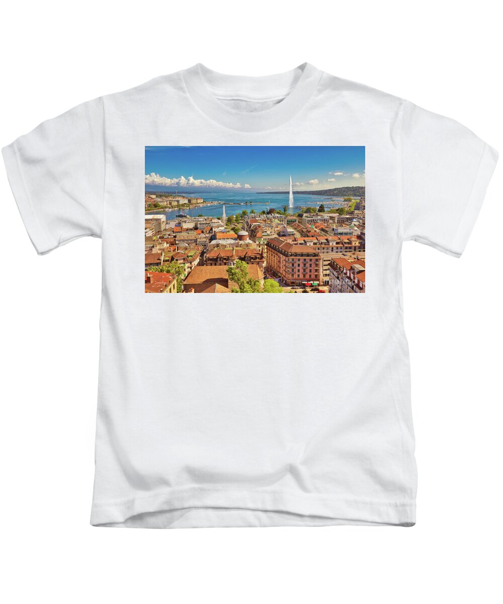 Geneva Kids T-Shirt featuring the photograph Geneva aerial view Switzerland by Benny Marty