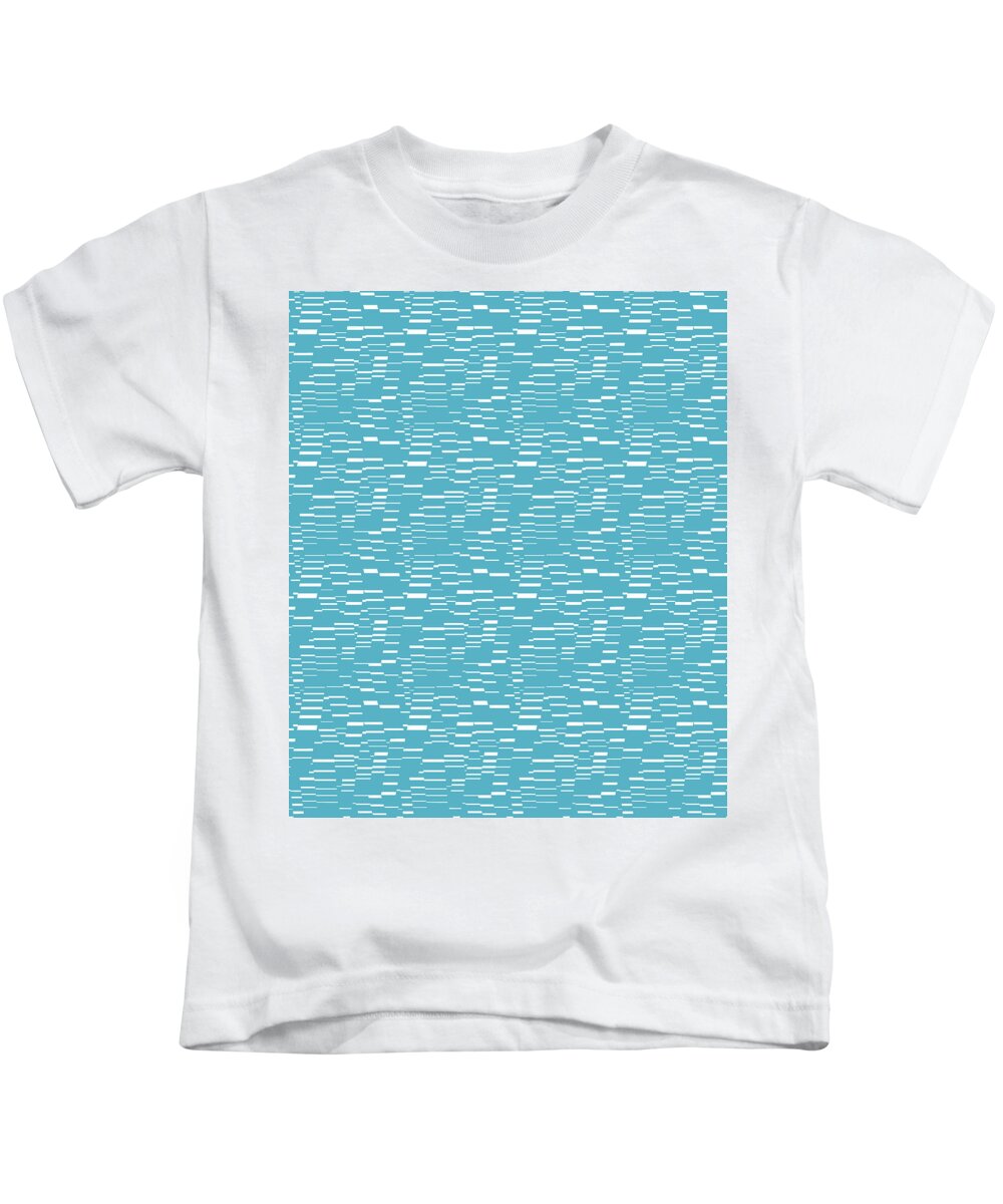 Nikita Coulombe Kids T-Shirt featuring the painting Geometric Dashes Pattern white on turquoise by Nikita Coulombe