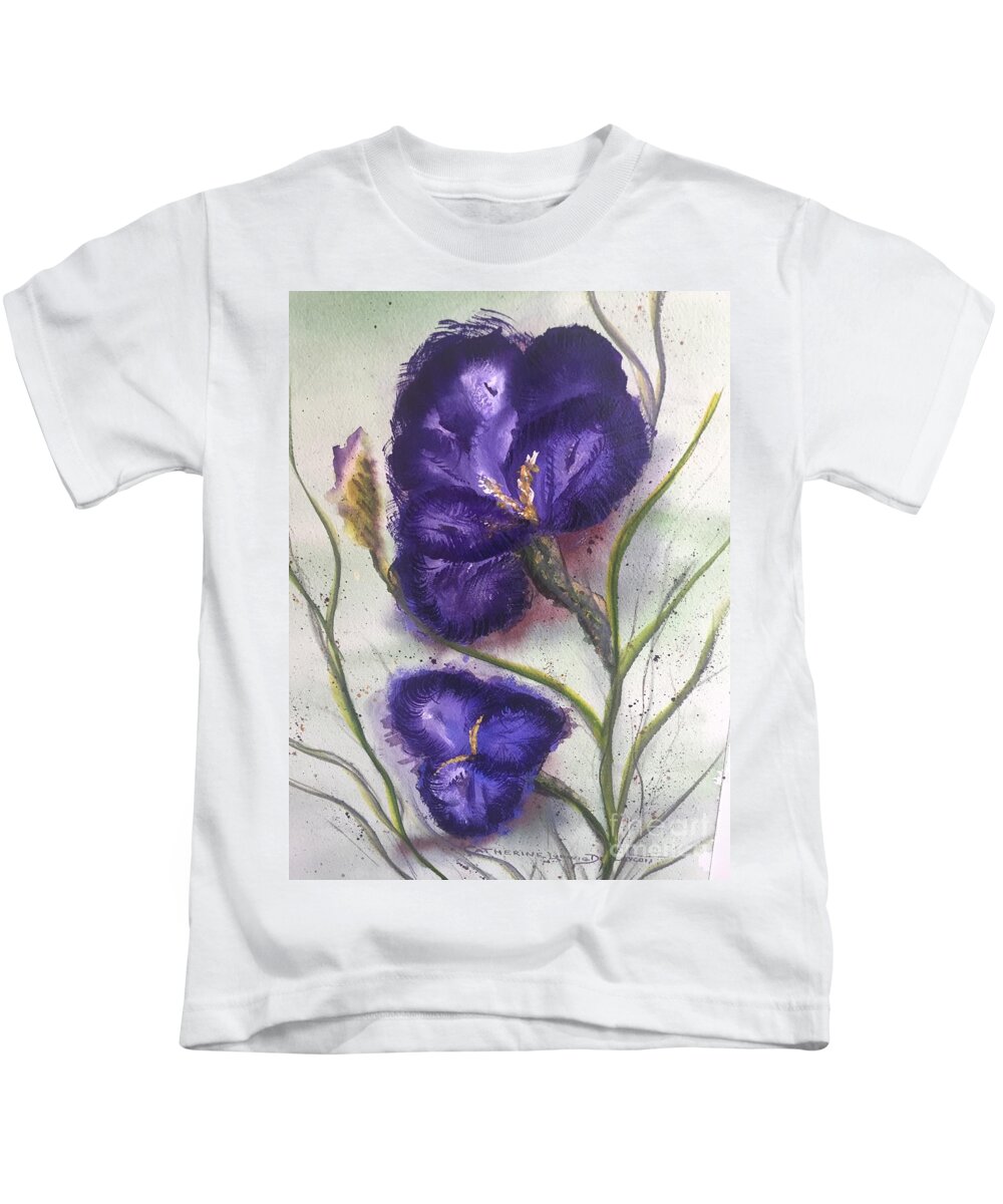 Floral Kids T-Shirt featuring the painting German Bearded Iris Purple in Watercolor and Guoache by Catherine Ludwig Donleycott
