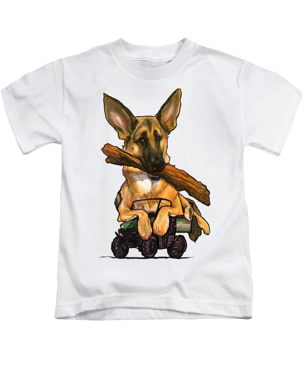Dog Kids T-Shirt featuring the drawing German Shepherd with Log by Canine Caricatures By John LaFree