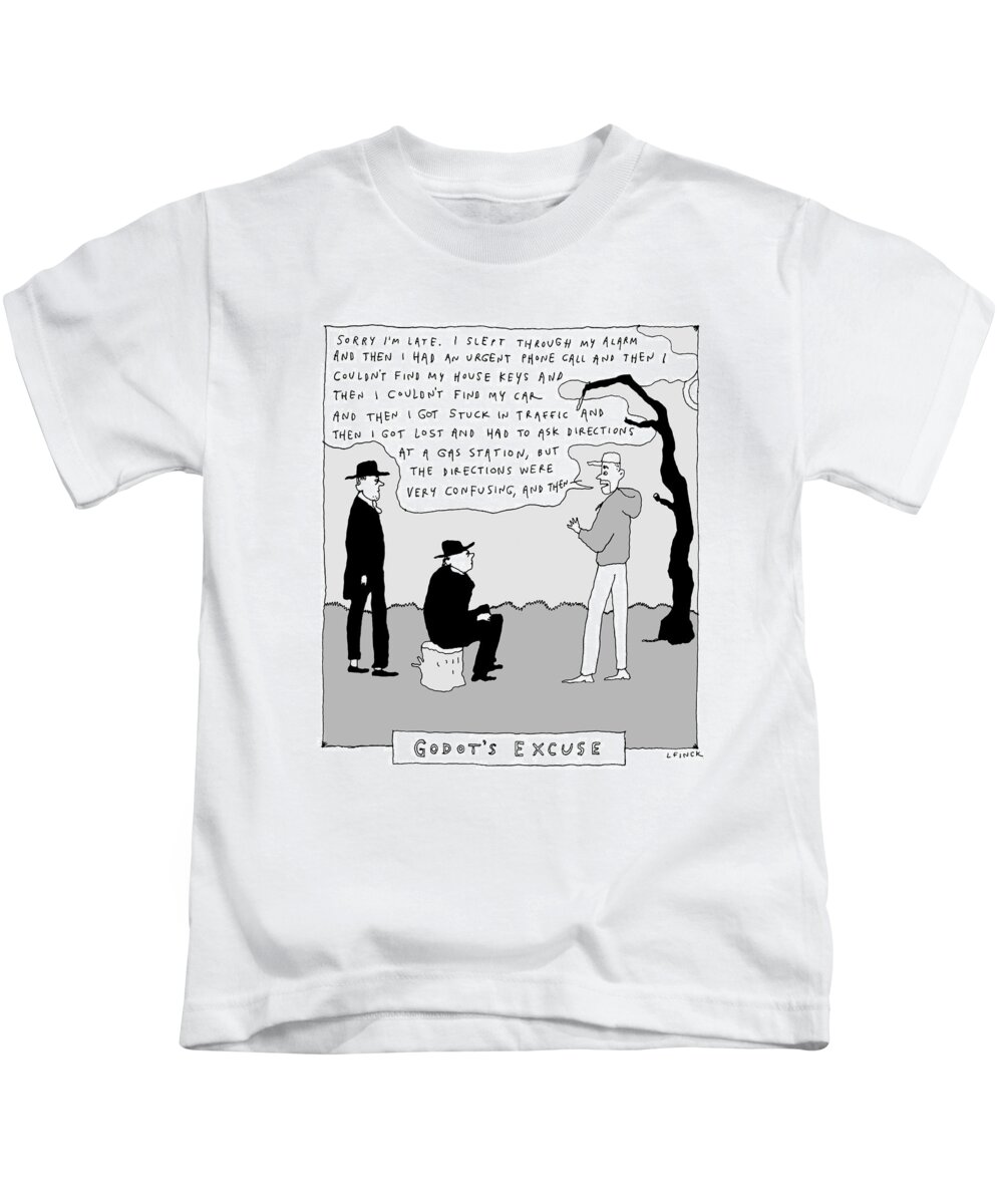  Captionless Kids T-Shirt featuring the drawing Godot's Excuse by Liana Finck