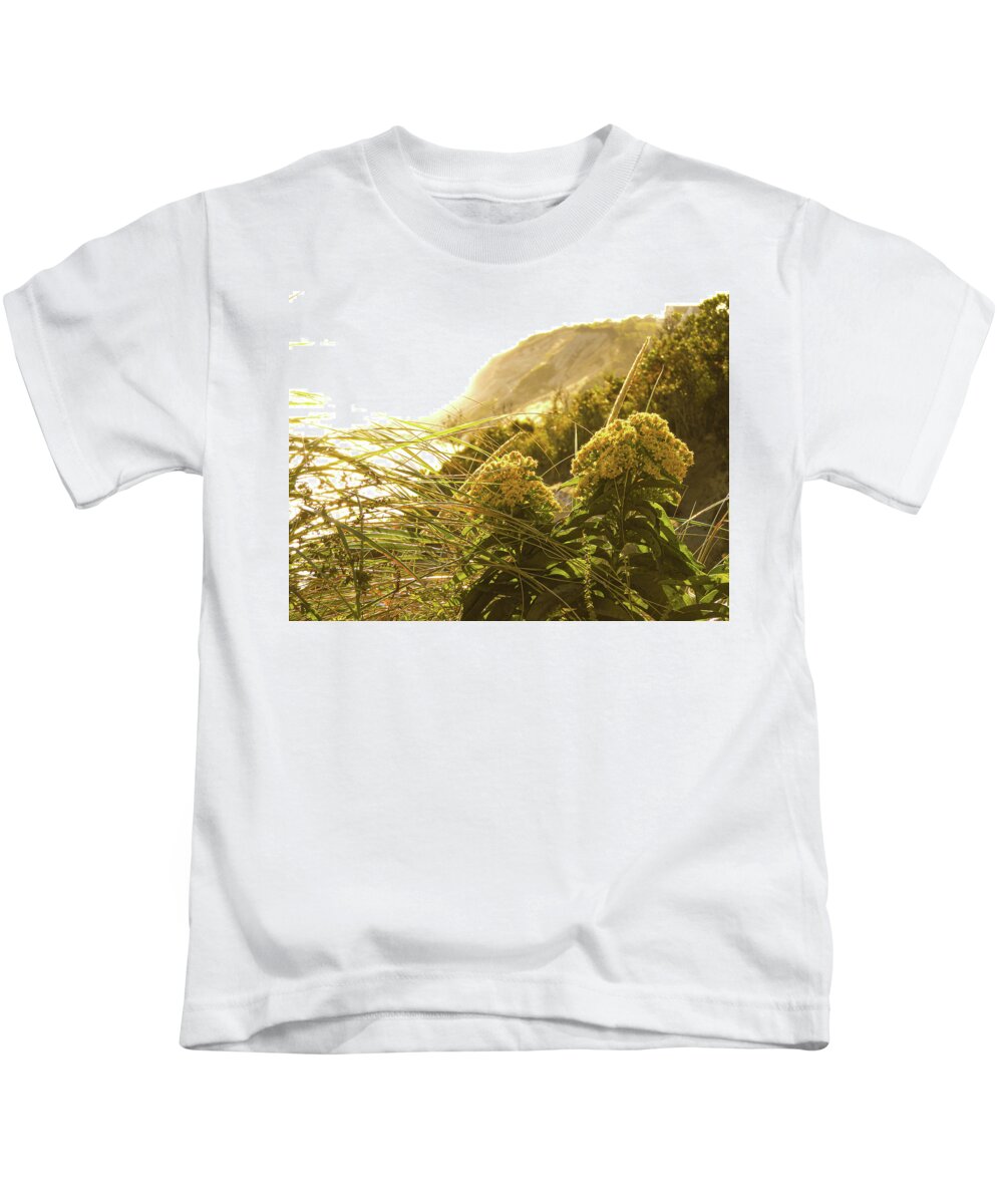 September Light Kids T-Shirt featuring the photograph Golden Saturation of Block Island Cliff by Kristin Hatt