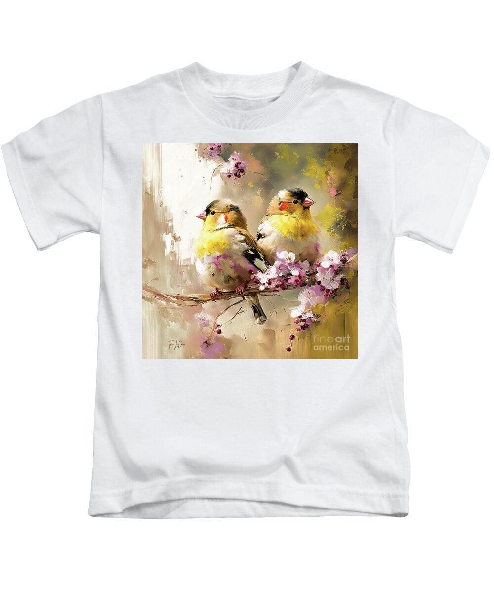 Goldfinch Birds Kids T-Shirt featuring the painting Goldfinches In The Blossoms by Tina LeCour
