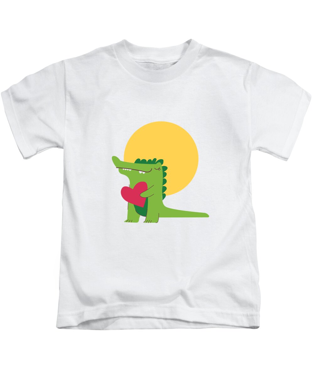 Adorable Kids T-Shirt featuring the digital art Happy Crocodile Holding a Big Heart by Jacob Zelazny