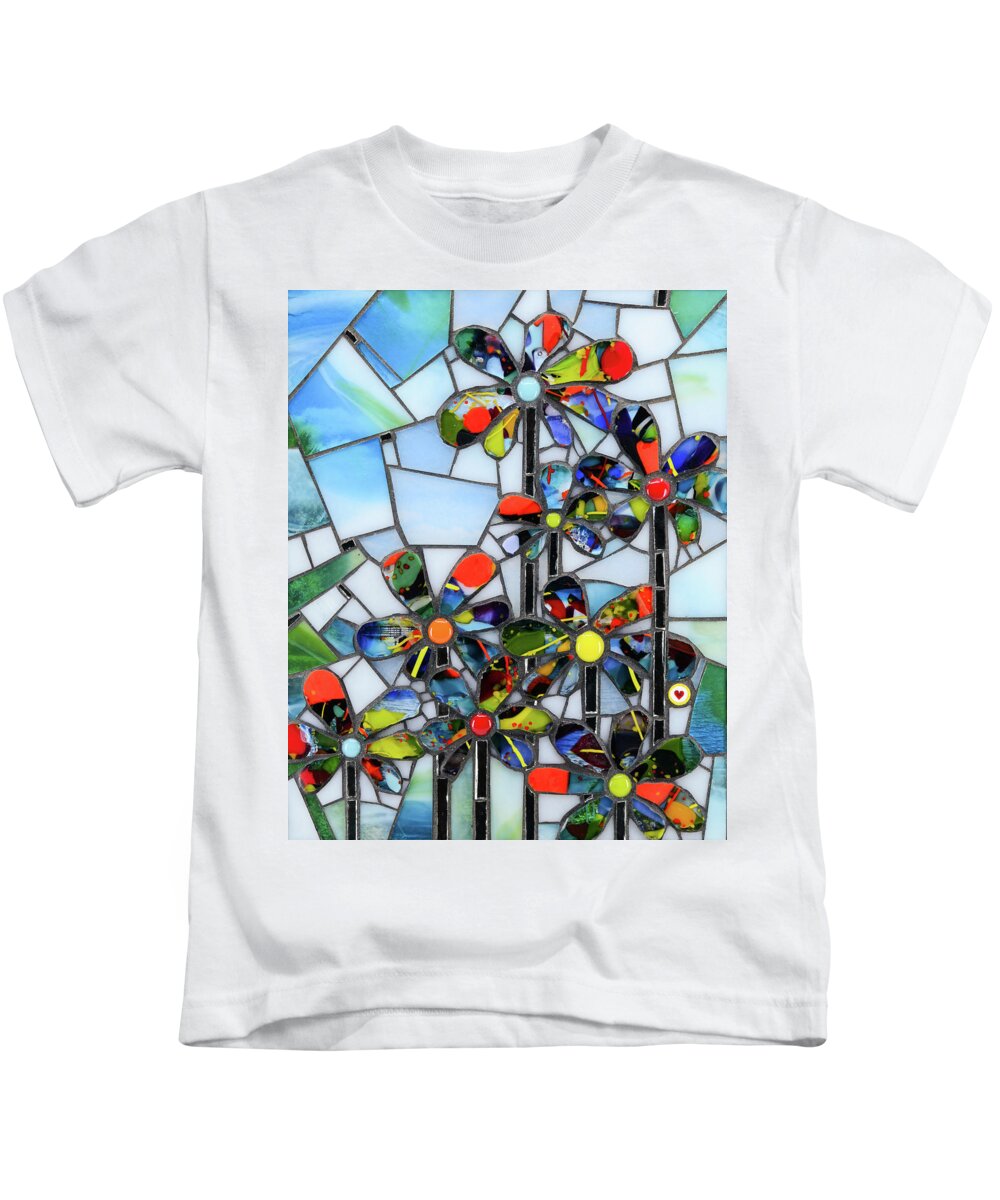 Mosaic Kids T-Shirt featuring the glass art Happy Daisies by Cherie Bosela