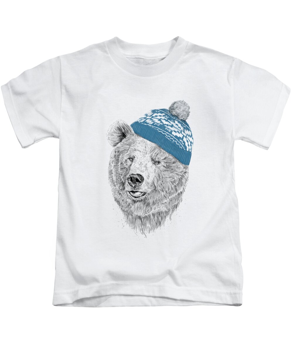 Bear Kids T-Shirt featuring the drawing Hello Winter by Balazs Solti