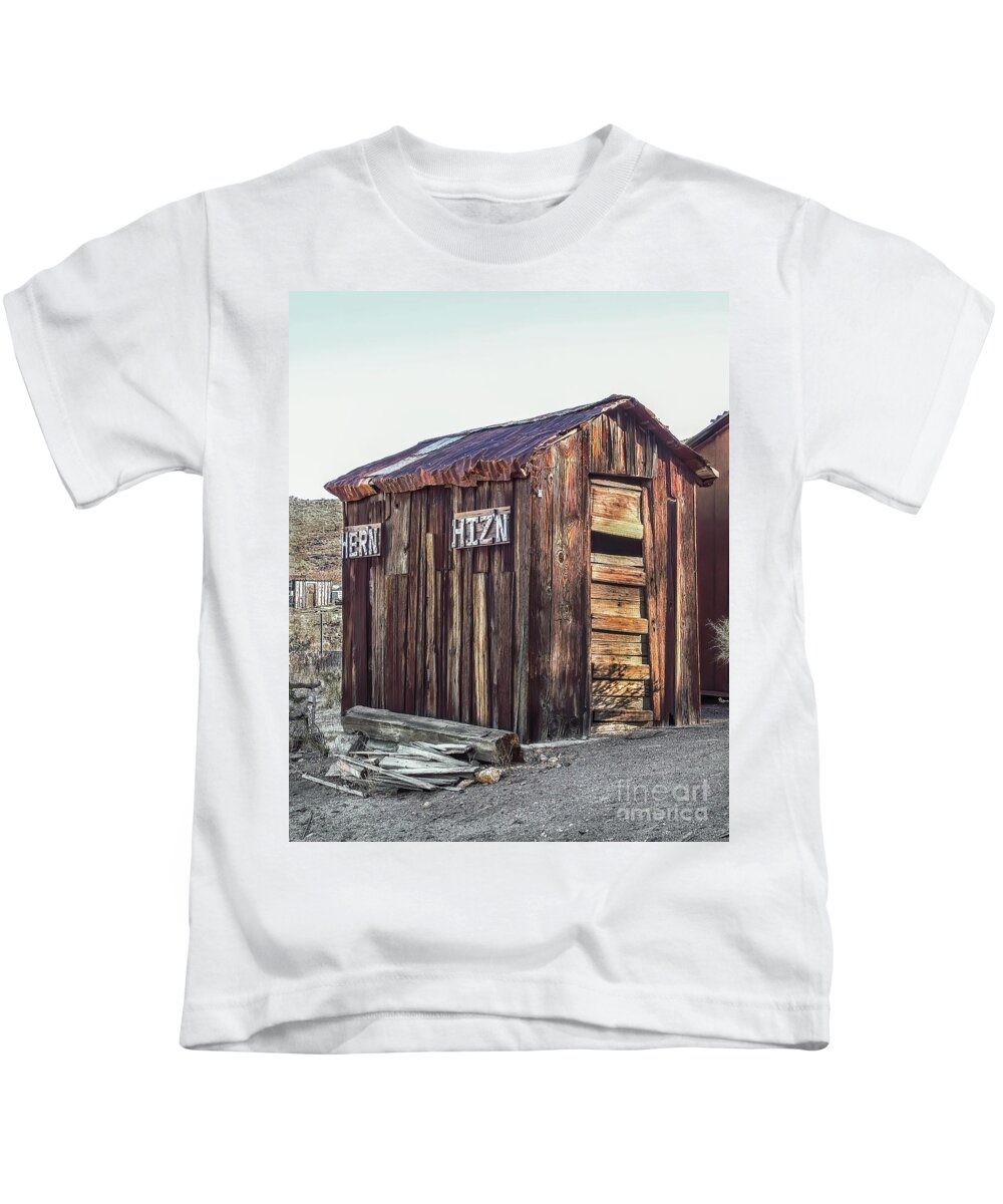 Outhouse Kids T-Shirt featuring the photograph Hizn And Hern, Outhouse, California Ghost Town by Don Schimmel