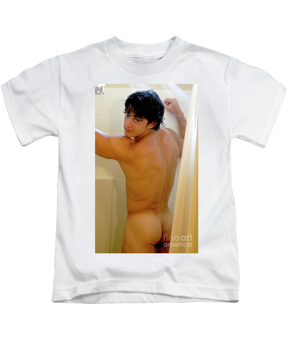 Nude Kids T-Shirt featuring the photograph Hot naked man in the shower by Gunther Allen