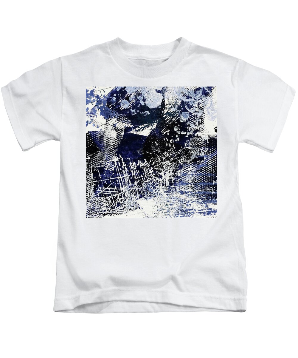 Indigo Kids T-Shirt featuring the painting ICE CRYSTALS Indigo Blue and White Abstract by Lynnie Lang