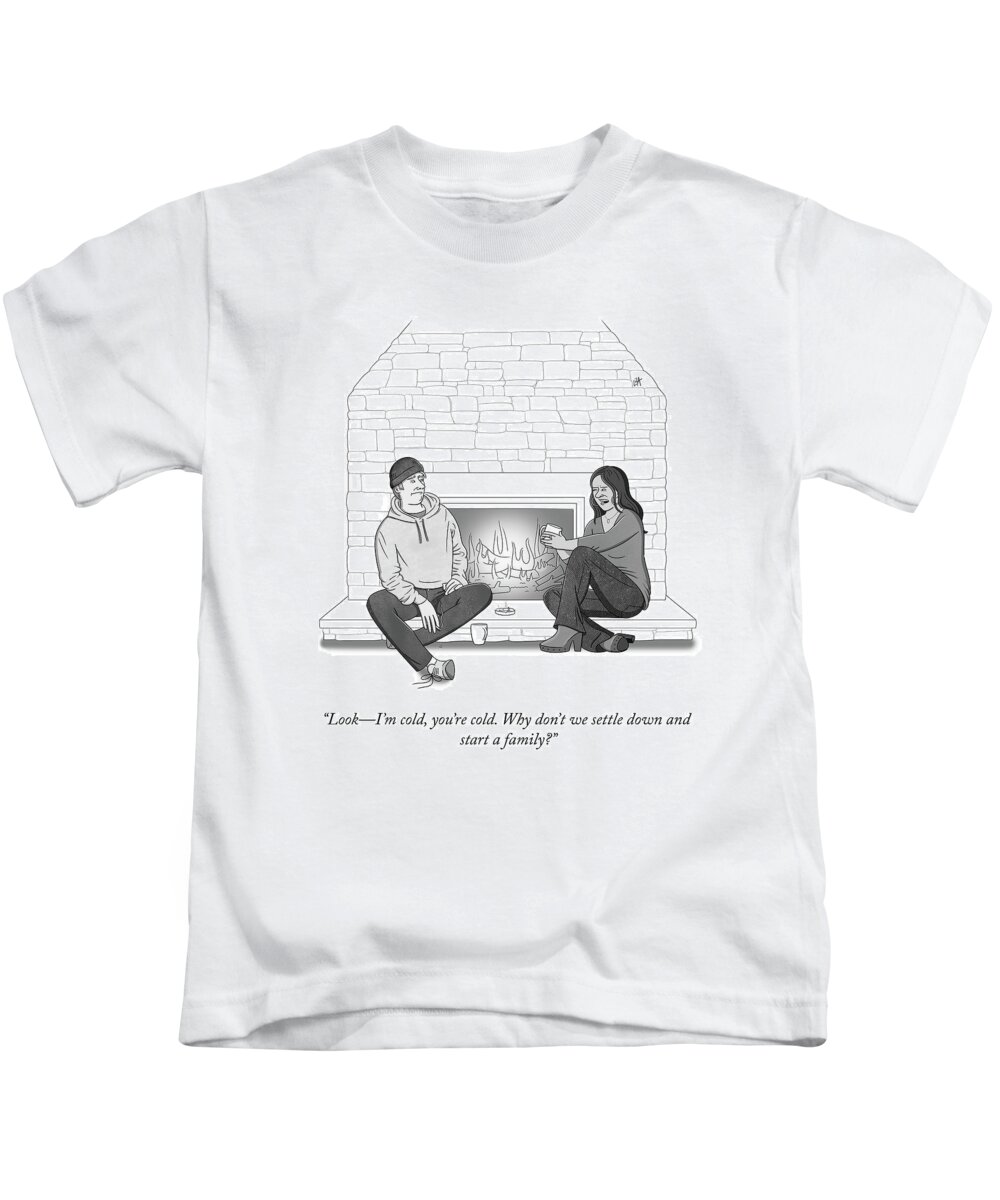 looki'm Cold Kids T-Shirt featuring the drawing I'm Cold, You're Cold by Lila Ash