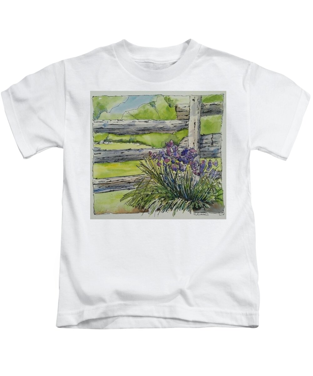 Rustic Garden Kids T-Shirt featuring the painting Irises by Sheila Romard