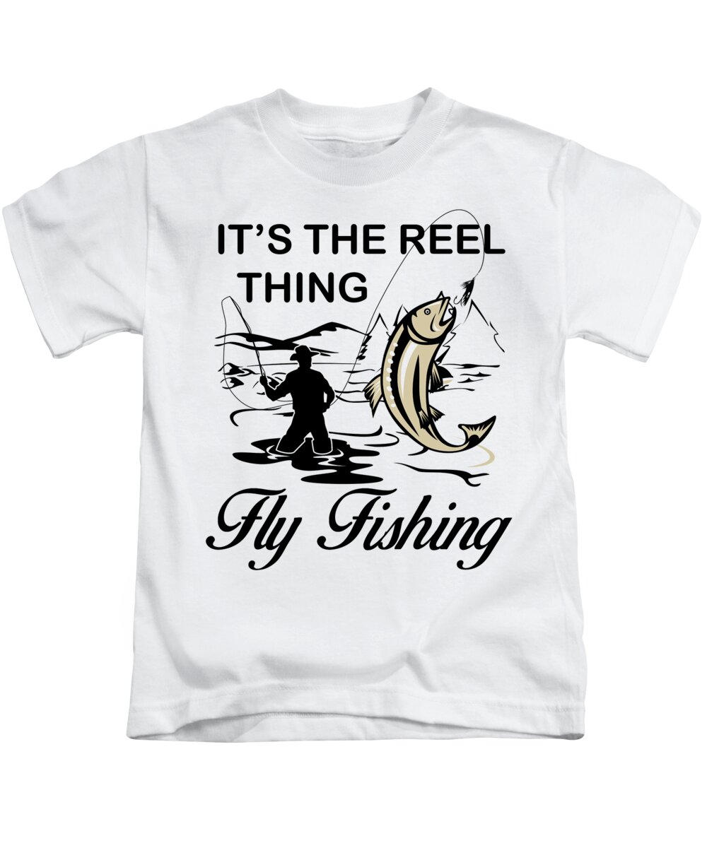 Fishing Puns Kids T-Shirt featuring the digital art Its the reel thing fly fishing by Jacob Zelazny