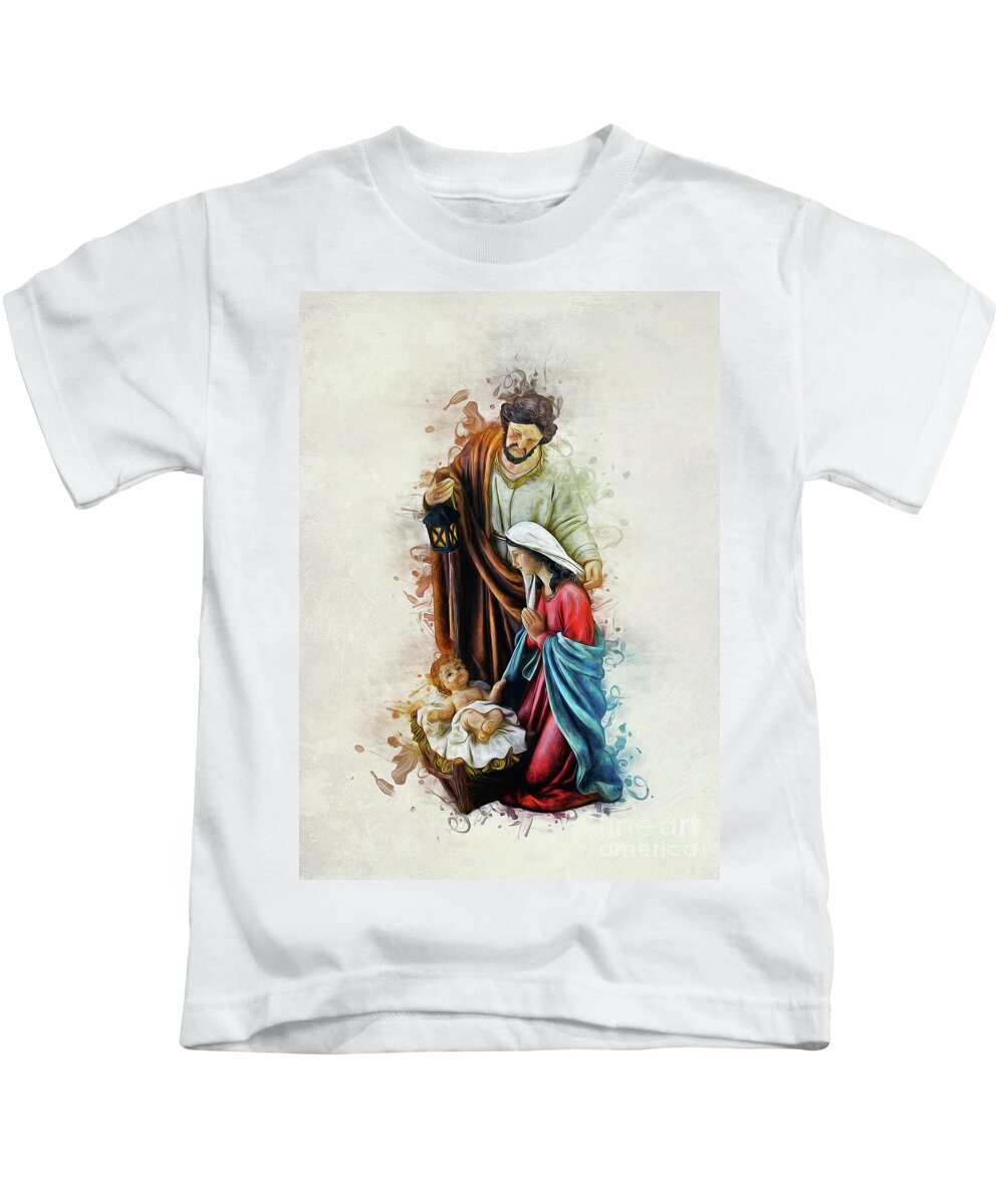 Christmas Kids T-Shirt featuring the digital art Joseph Mary and Jesus by Ian Mitchell