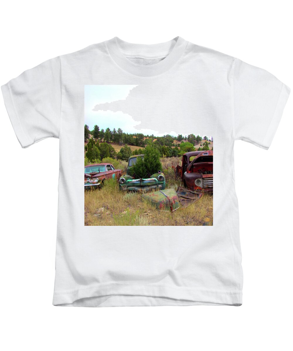 Old Rusty Pickups Kids T-Shirt featuring the photograph Junkyard Series Rusty Pickups by Cathy Anderson