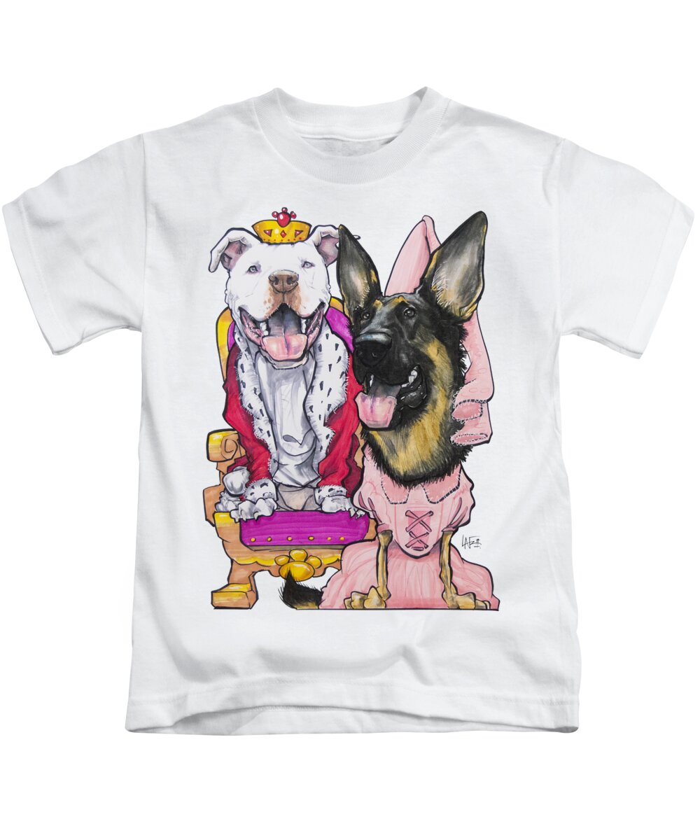 Dog Kids T-Shirt featuring the drawing King Pit Bull and Queen German Shepherd by Canine Caricatures By John LaFree