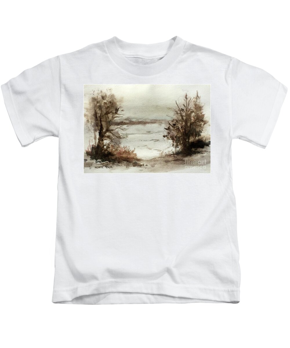 A View Of The Lake From My Studio Window. Kids T-Shirt featuring the painting Lakeside by Monte Toon