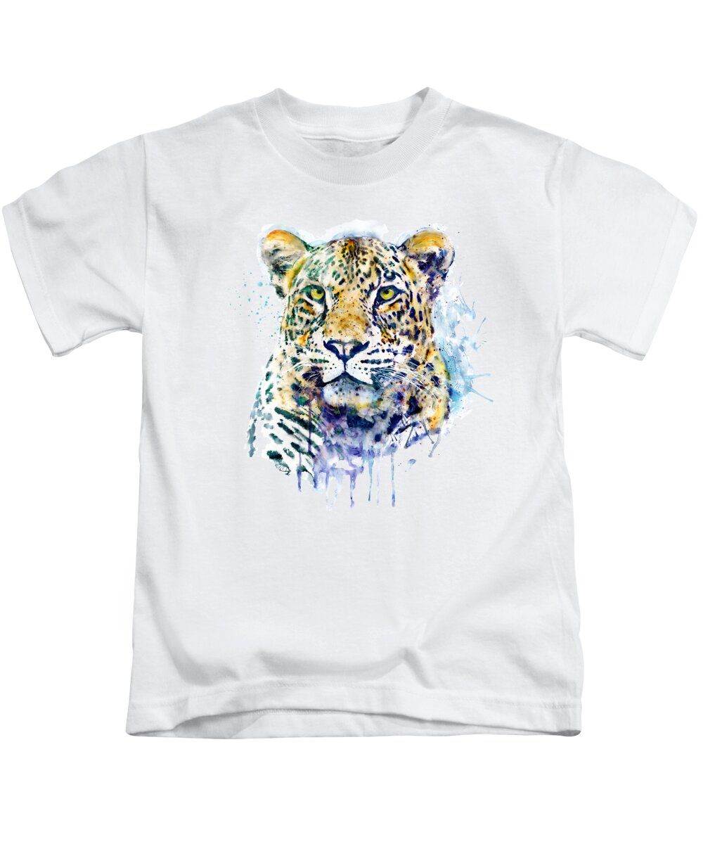 Marian Voicu Kids T-Shirt featuring the painting Leopard Head watercolor by Marian Voicu