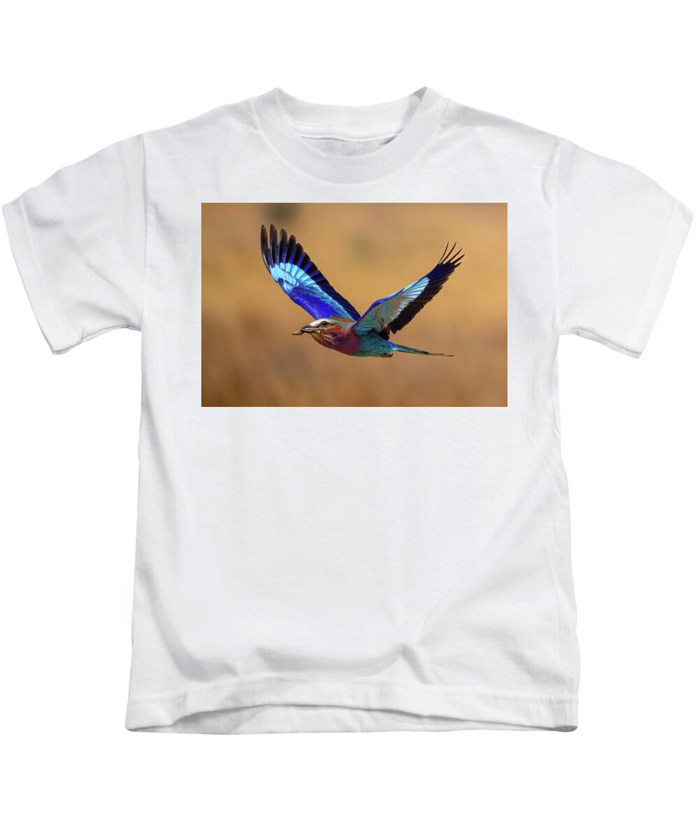 Bird Kids T-Shirt featuring the photograph Lilac Breasted Roller with Praying Mantis by David Hart