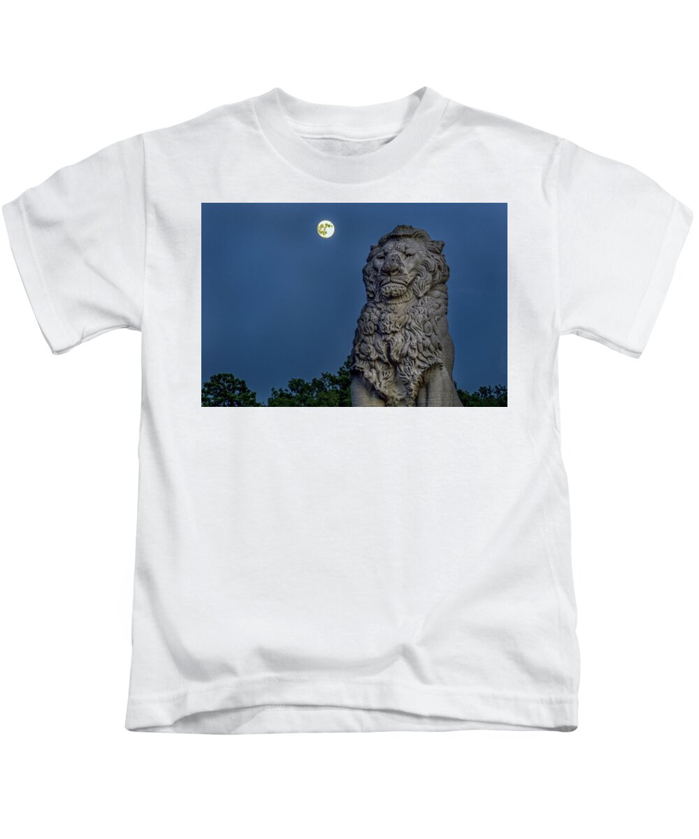 Lion Kids T-Shirt featuring the photograph Lion and the Moon by Jerry Gammon