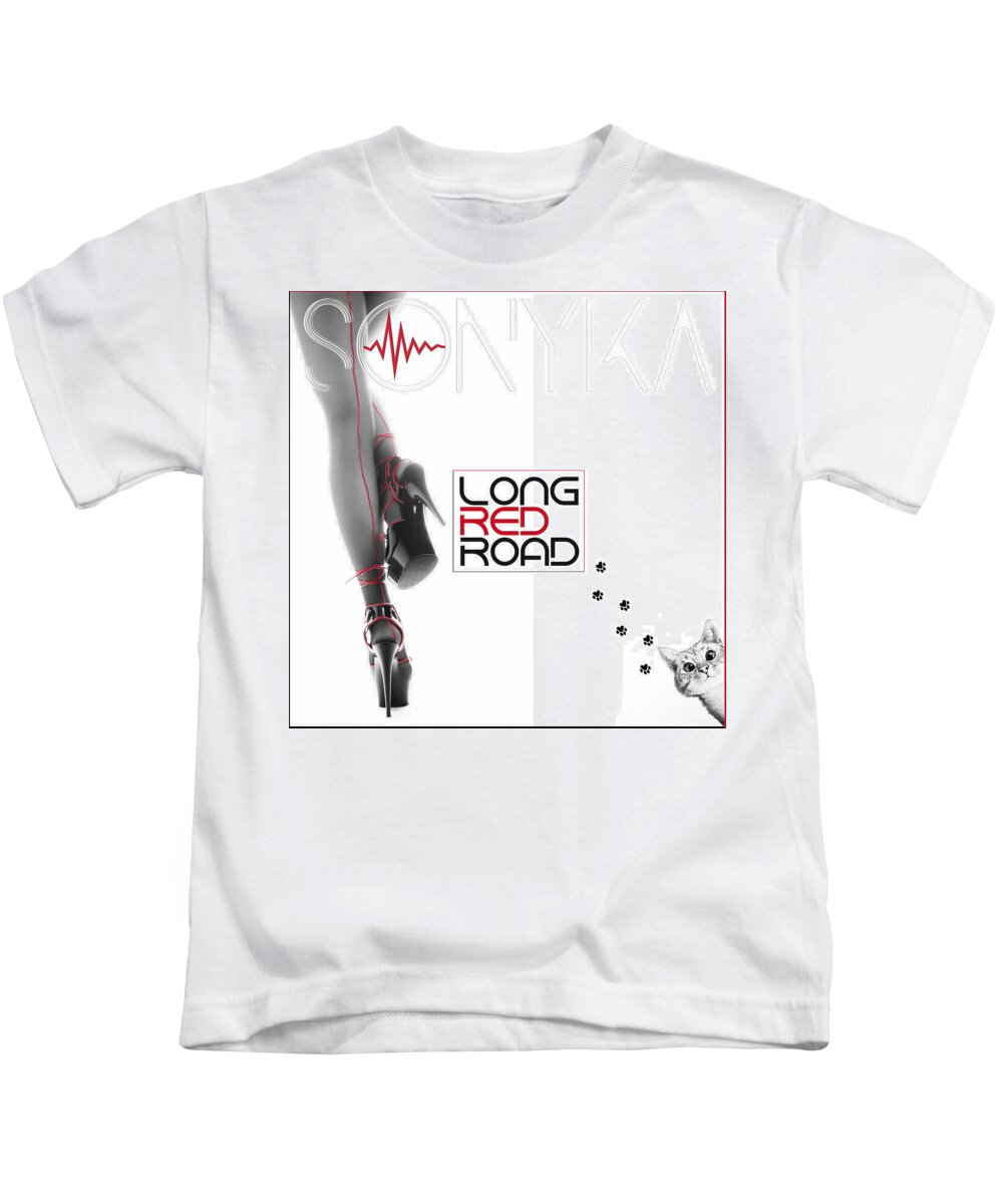 Album Cover Kids T-Shirt featuring the digital art Long Red Road by Sonyka