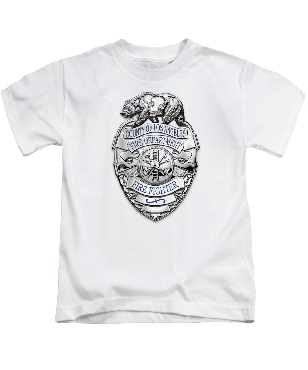 'law Enforcement & First Responders' Collection By Serge Averbukh Kids T-Shirt featuring the digital art Los Angeles County Fire Department - LACoFD Fire Fighter Badge over White Leather by Serge Averbukh