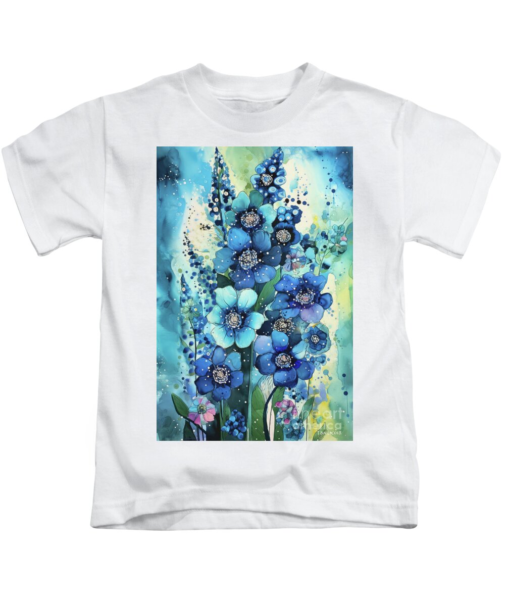 Blue Delphiniums Kids T-Shirt featuring the painting Lovely Delphiniums by Tina LeCour