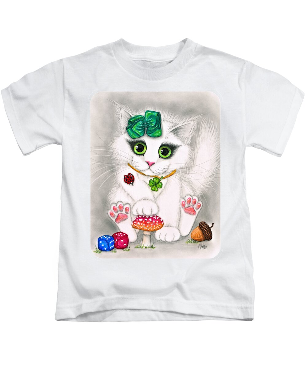Cute Kitten Kids T-Shirt featuring the painting Lucky Cat - White Kitten Good Luck Charms by Carrie Hawks