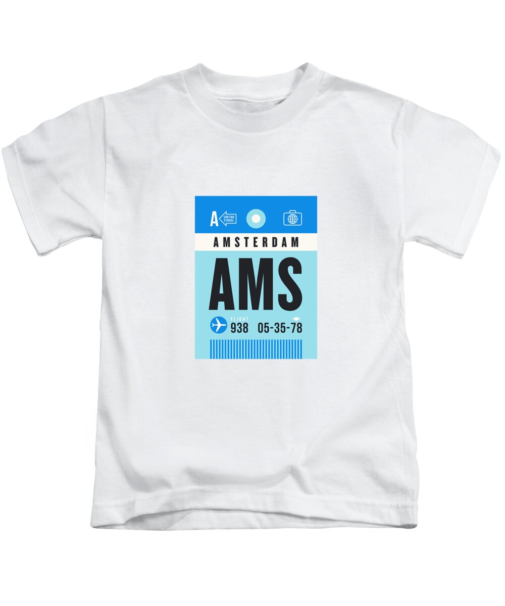 Airline Kids T-Shirt featuring the digital art Luggage Tag A - AMS Amsterdam Netherlands by Organic Synthesis