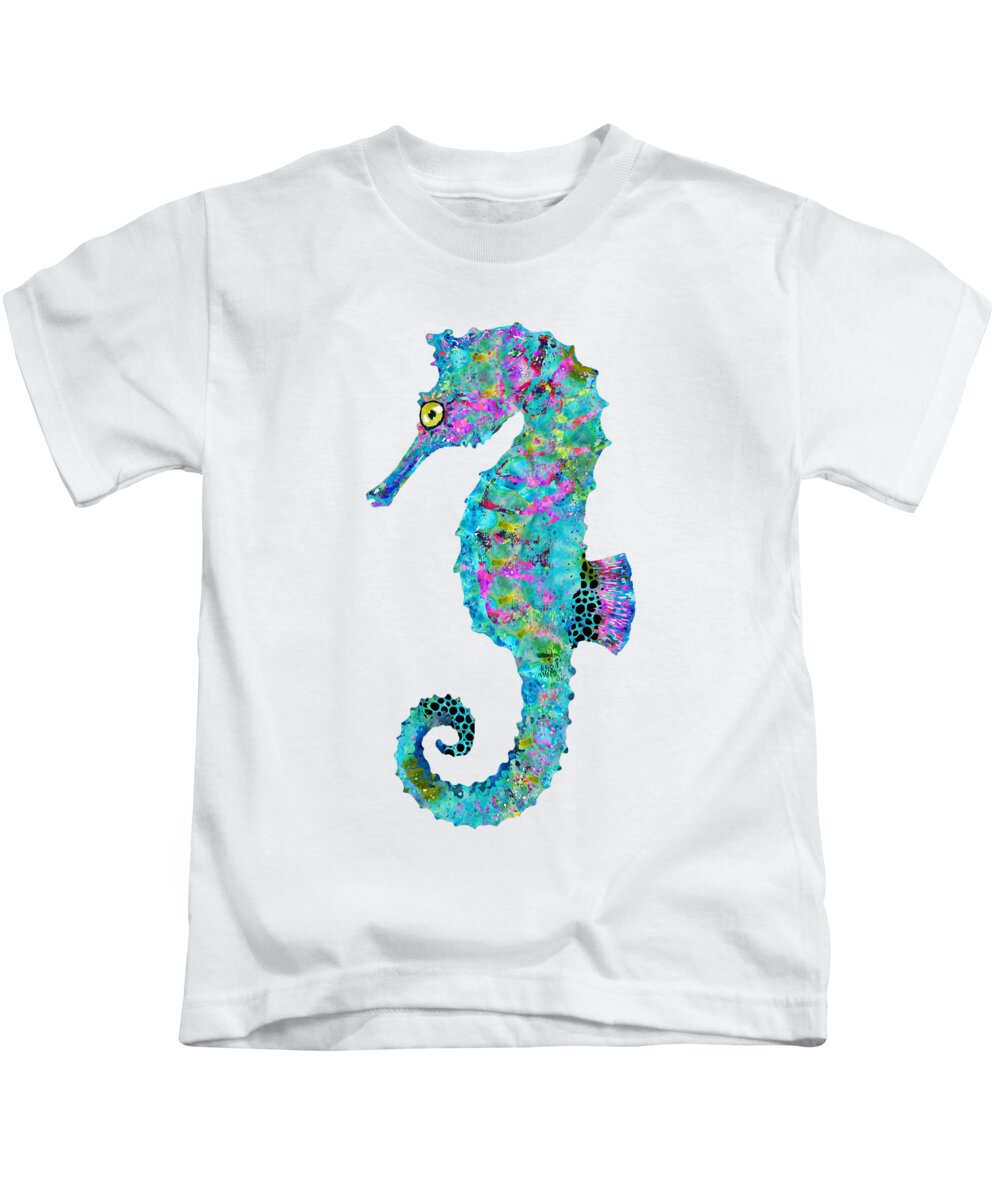 Mandala Kids T-Shirt featuring the painting Magical Seahorse - Beachy Beach Art - Sharon Cummings by Sharon Cummings