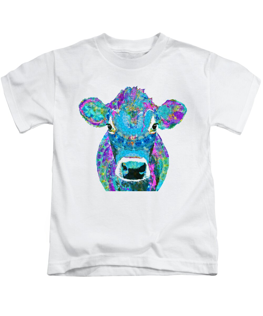Jersey Cow Kids T-Shirt featuring the painting Mandala Blue Moo - Jersey Cow Art - Sharon Cummings by Sharon Cummings