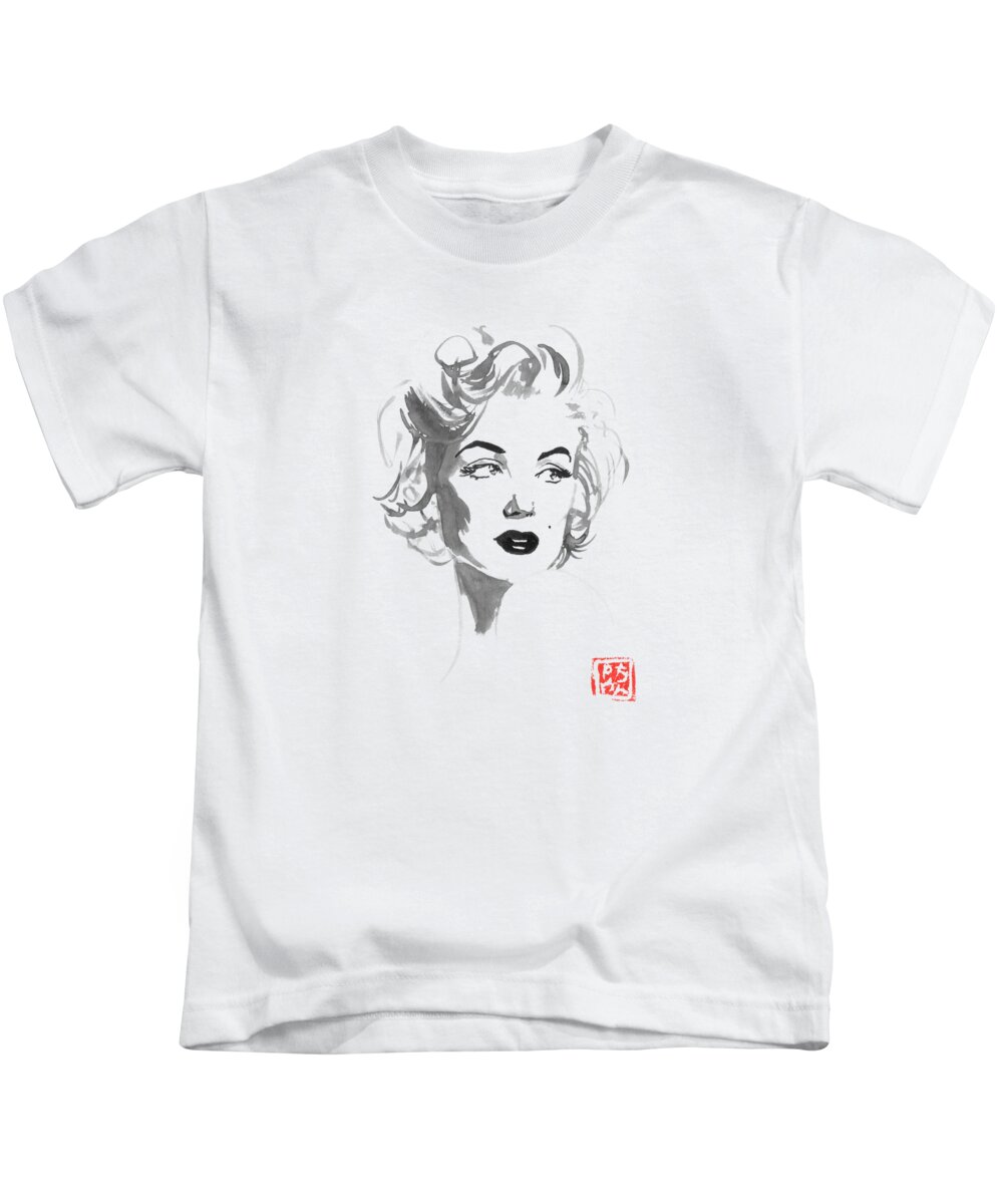 Marilyn Monroe Kids T-Shirt featuring the drawing Marilyn Looks Right by Pechane Sumie