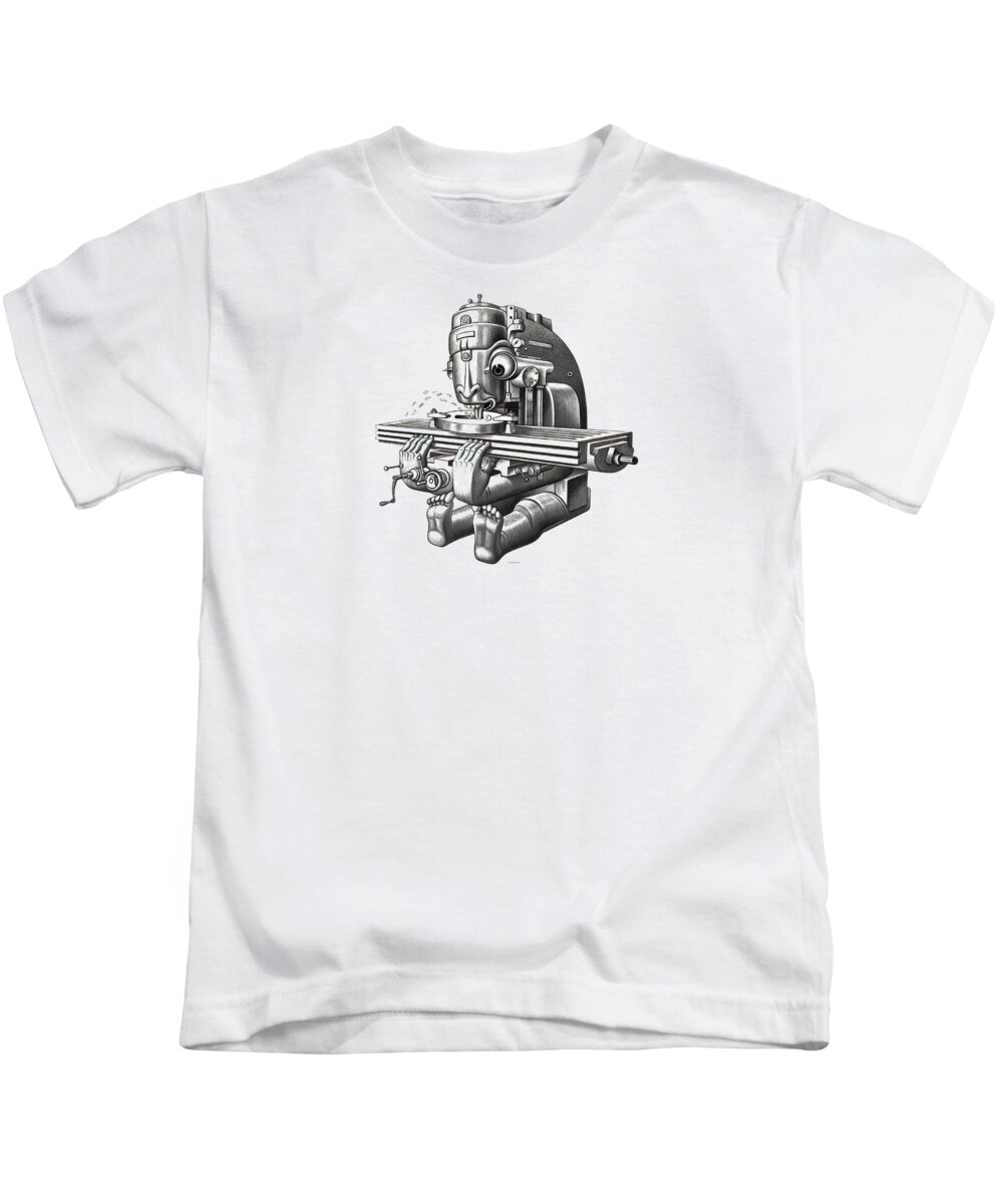 Milling Machine Kids T-Shirt featuring the drawing Milling machine eating metal chips ca. 1950, part of a series. by Boris Artzybasheef