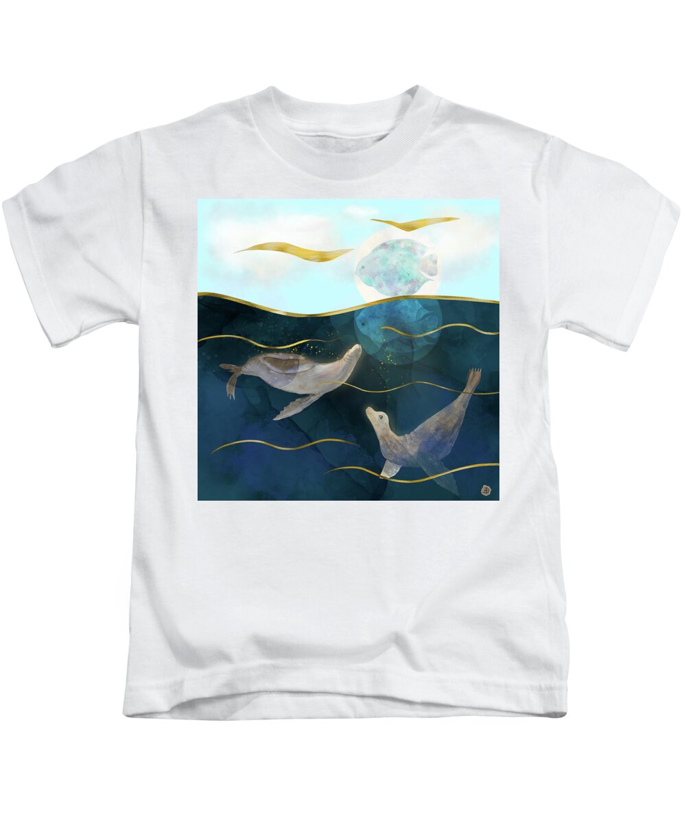 Global Warming Kids T-Shirt featuring the digital art Moonlight Mirage - Sea Lions Dream by Andreea Dumez